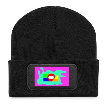 Geometrische Farbblock Collage Neon - Recycelte Patch Beanie - Schwarz - Vorne
