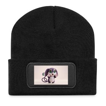 Surprised Cute Fluffy Creature with Big Green Eyes - Recycelte Patch Beanie - Schwarz - Vorne
