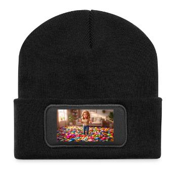 Girl Standing Barefoot in a Room Full of Slippers - Recycelte Patch Beanie - Schwarz - Vorne