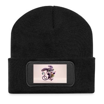 Cute fluffy purple 3D character holding a green gi - Recycelte Patch Beanie - Schwarz - Vorne