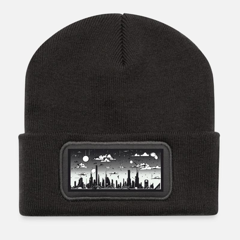 Manga Comic Future City Skyline - Recycelte Patch Beanie - Dunkelgrau