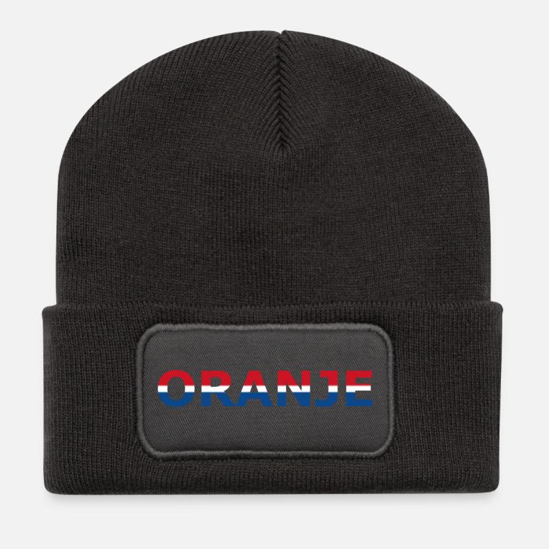 Orange in rot, weiß, blau - Recycelte Patch Beanie - Dunkelgrau
