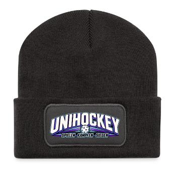 Unihockey NeonLogo Kraftvoll - Recycelte Patch Beanie - Dunkelgrau - Vorne
