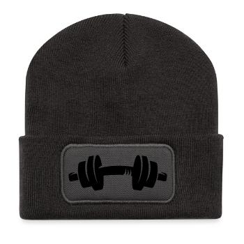 Gewicht Hantel Fitness pumpen Bodybuilding Symbol - Recycelte Patch Beanie - Dunkelgrau - Vorne