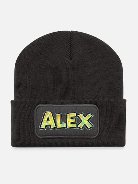 Alex – Handgezeichnete Typografie - Recycelte Patch Beanie - Dunkelgrau