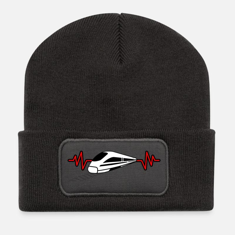 Herzschlag mit Zug - Eisenbahner, Lokführer Design - Recycelte Patch Beanie - Dunkelgrau