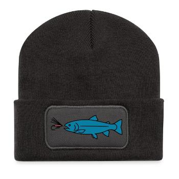 Fliegenfischen Forelle Biss Köder Vektor - Recycelte Patch Beanie - Dunkelgrau - Vorne