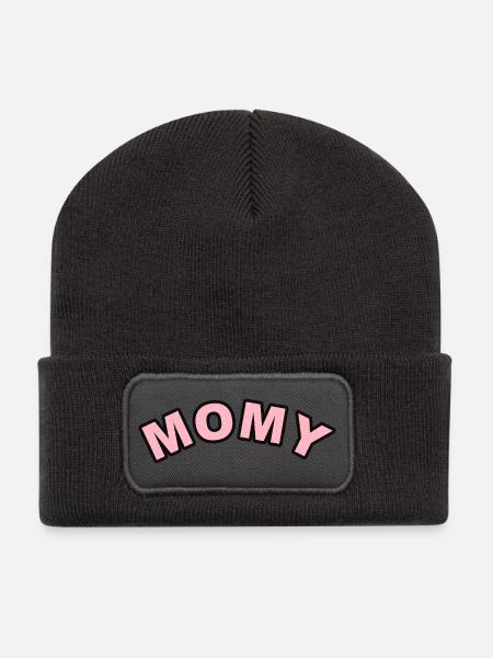 Mommy Pink Muster Schriftzug - Recycelte Patch Beanie - Dunkelgrau