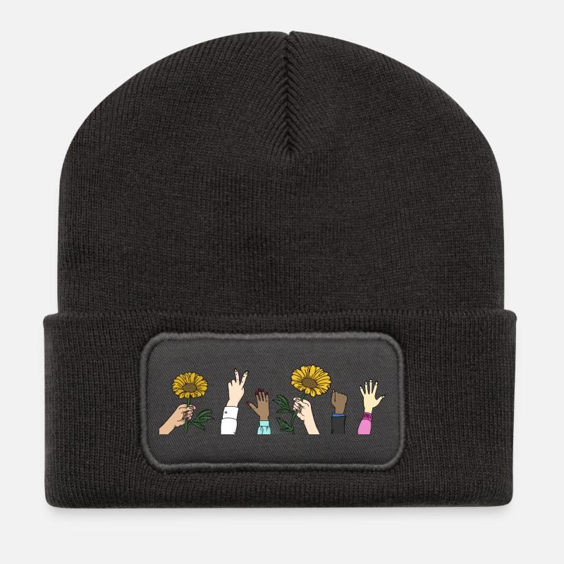 Hände mit Sonnenblumen - Recycelte Patch Beanie - Dunkelgrau
