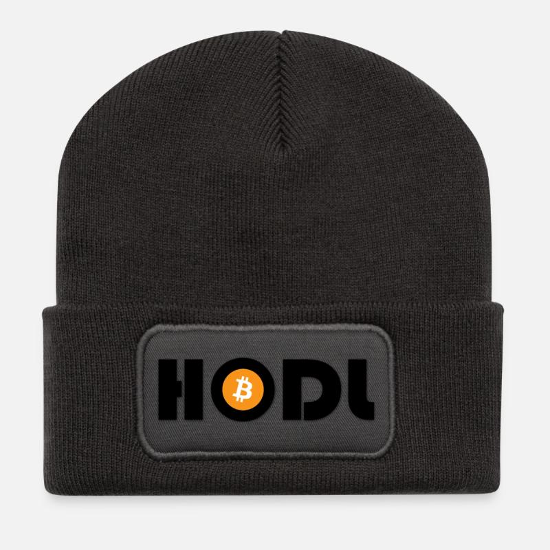 Bitcoin Symbol Print Orange Coin - Recycled Patch Beanie - dark grey
