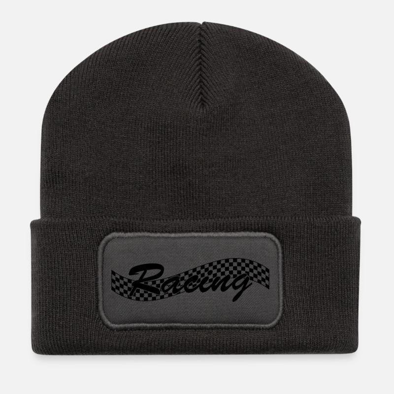 Racing Checked Flag - Car Auto Bike Race - Recycelte Patch Beanie - Dunkelgrau