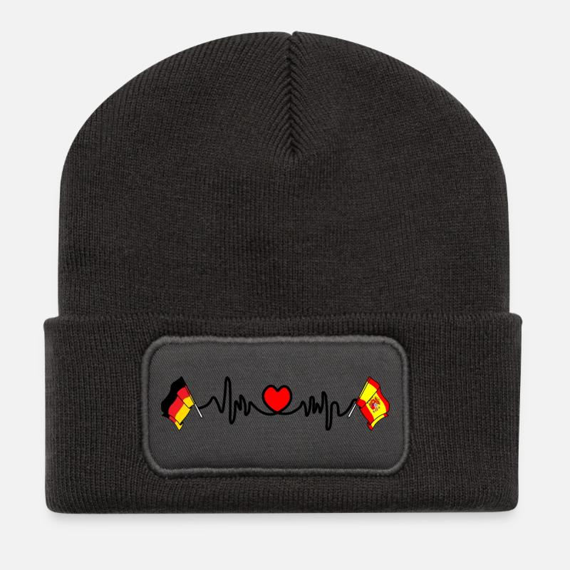 Cardioherz mit Flagge Deutschland und Flagge Spanien - Recycelte Patch Beanie - Dunkelgrau