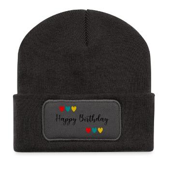 GEBURTSTAG. HAPPY BIRTHDAY. ALLES GUTE ZUM GEBURTSTAG. - Recycelte Patch Beanie - Dunkelgrau - Vorne