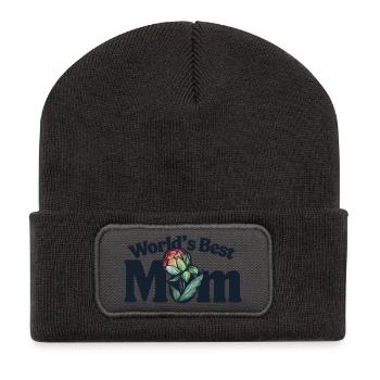 World's Best Mom Floral Emblem - Recycled Patch Beanie - dark grey - Front
