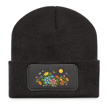 Wilder Blumengarten mit fröhlich strahlender Sonne - Recycelte Patch Beanie - Dunkelgrau - Vorne