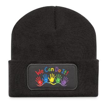 Kinder Handabdrücke Welle – Bunte Wachsmaler Kunst - Recycelte Patch Beanie - Dunkelgrau - Vorne
