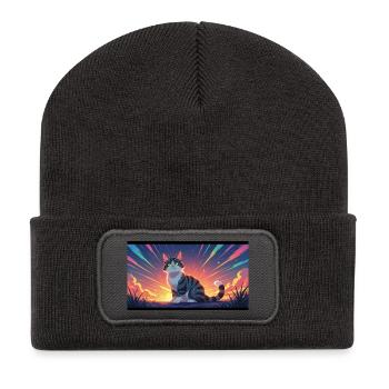 Katze im Abendlicht - Recycelte Patch Beanie - Dunkelgrau - Vorne