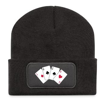 Karten, Poker, Ass, Spielkarten - Recycelte Patch Beanie - Dunkelgrau - Vorne