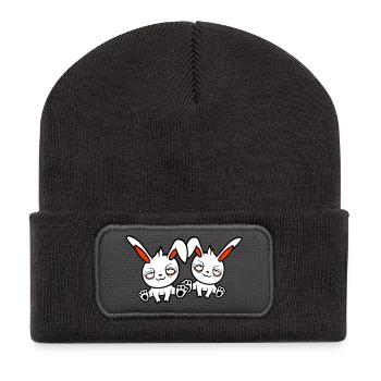 2 bunnies tired confused relaxed red dark circles - Recycled Patch Beanie - dark grey - Front
