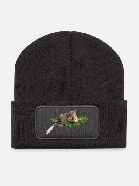 Lustige Katze reitet auf fliegendem Bananenblatt mit Turbo Exh - Recycelte Patch Beanie - Dunkelgrau