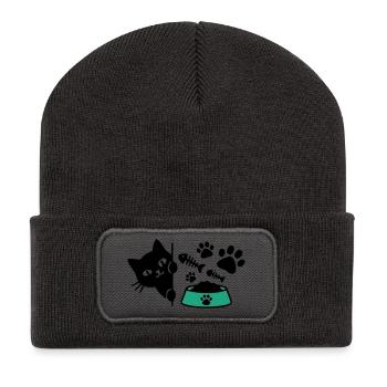 Katze Futternapf Grafik - Recycelte Patch Beanie - Dunkelgrau - Vorne