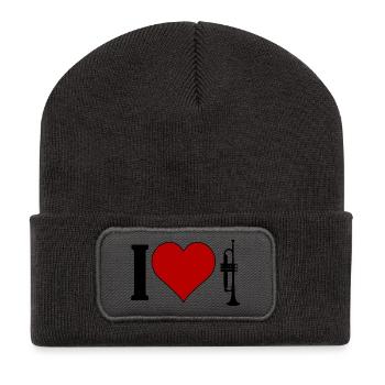 I ♥️ TRUMPET | Ich liebe Trompete - Recycelte Patch Beanie - Dunkelgrau - Vorne
