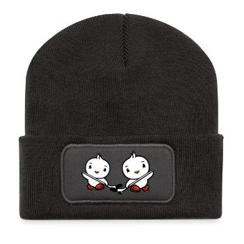2 Vögel spielen Eishockey Sport Puck Zwei Schläger - Recycelte Patch Beanie - Dunkelgrau - Vorne