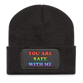 Du bist bei mir sicher Regenbogentext LGBT Safe Space - Recycelte Patch Beanie - Dunkelgrau - Vorne