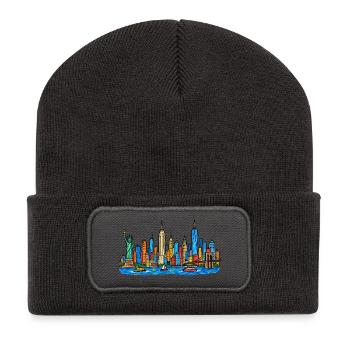 Bunte New York Skyline im Kinder-Kritzelstil - Recycelte Patch Beanie - Dunkelgrau - Vorne