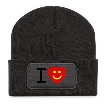 Herz - Smiley - I heart - Ich liebe - Recycelte Patch Beanie - Dunkelgrau - Vorne