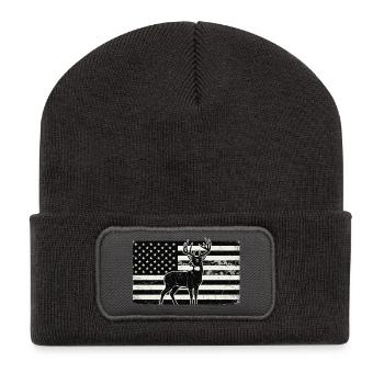 Cerf drapeau américain – Design patriotique de chasse - Beanie recyclé à patch - charbon - Devant