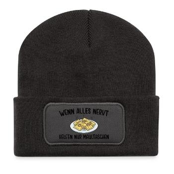 Schwäbisch Wenn alles nervt helfen nur Maultaschen - Recycelte Patch Beanie - Dunkelgrau - Vorne