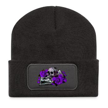 aufgeschlagenes Buch, Rosenblüten, Menschenschädel - Recycelte Patch Beanie - Dunkelgrau - Vorne