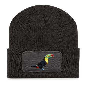 Bunter Geometrie-Tukan – Vogel im Polygon-Stil - Recycelte Patch Beanie - Dunkelgrau - Vorne