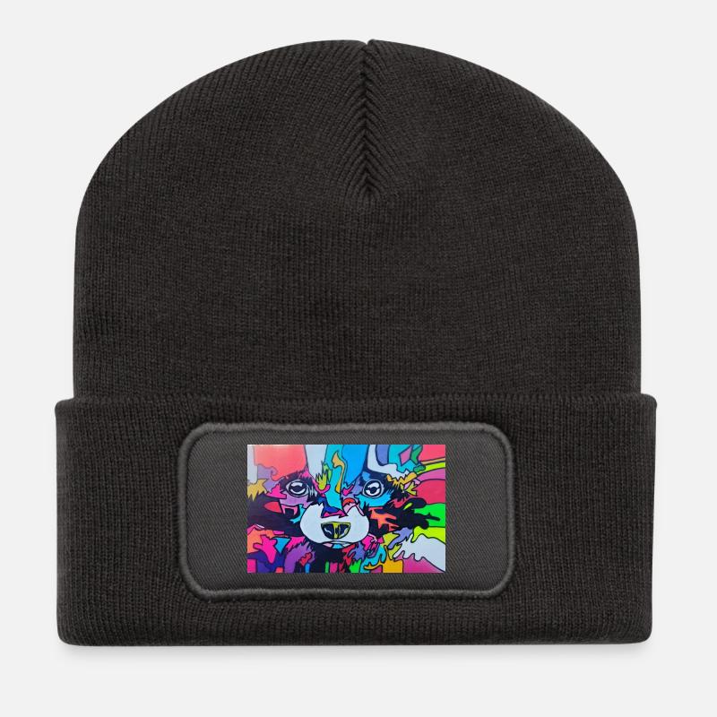 Bunter Waschbär - Recycelte Patch Beanie - Dunkelgrau