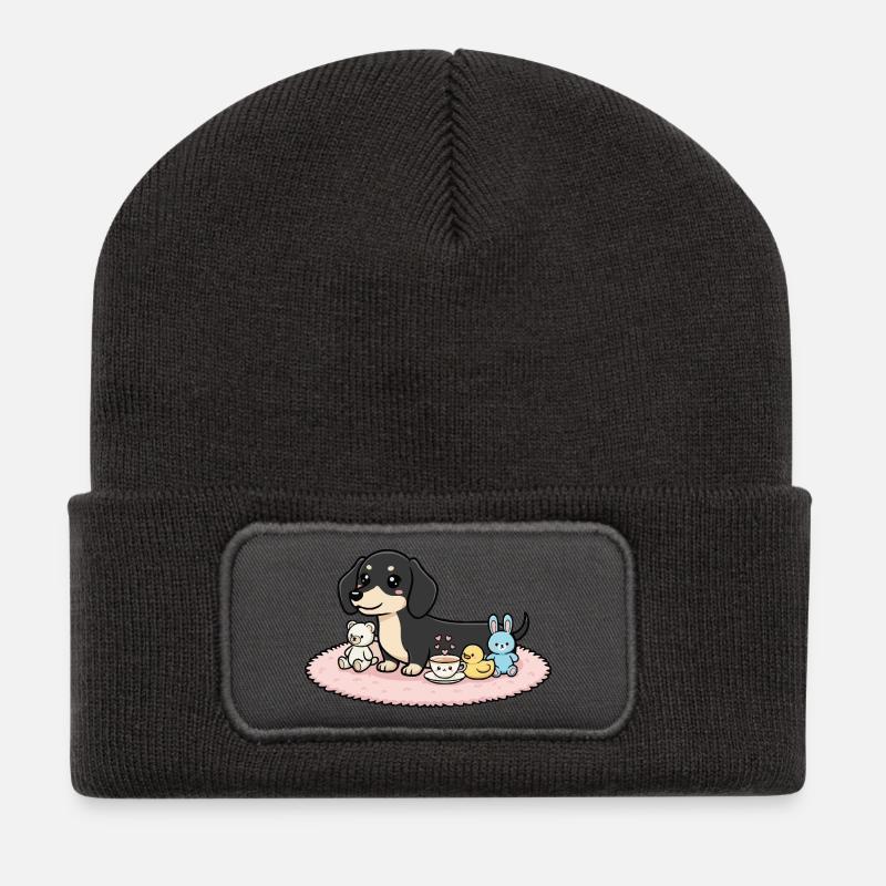 Dackel schwarz mit Kuscheltieren - Recycelte Patch Beanie - Dunkelgrau