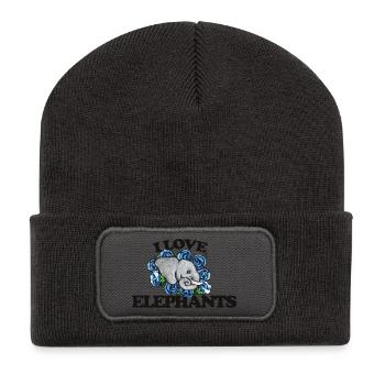 Ich liebe Elefanten und blaue Rosen - Recycelte Patch Beanie - Dunkelgrau - Vorne