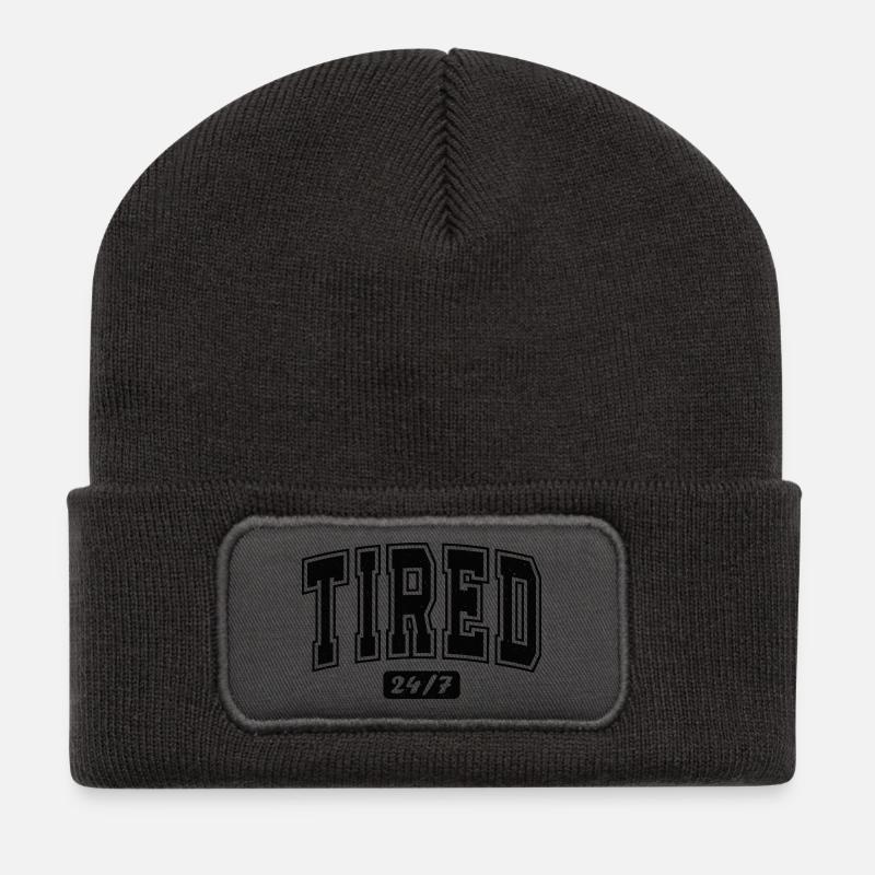 Tired 24/7 Bold Typography - Recycled Patch Beanie - dark grey