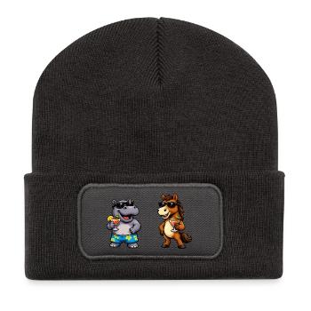 Hippo Pferd Cocktail-Party Cartoon - Recycelte Patch Beanie - Dunkelgrau - Vorne