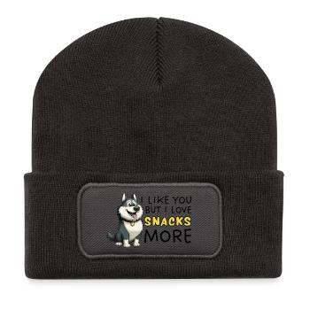 Sibirischer Husky-Snackliebhaber Cartoon - Recycelte Patch Beanie - Dunkelgrau - Vorne