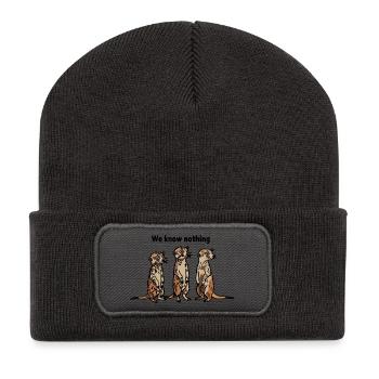 Lustiges Erdmännchen-Trio – Wir wissen nichts - Recycelte Patch Beanie - Dunkelgrau - Vorne