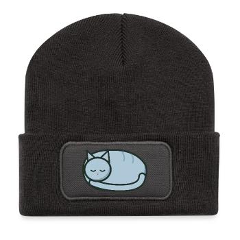 Schläfrige zusammengerollte Katze – Kleines Brustemblem - Recycelte Patch Beanie - Dunkelgrau - Vorne