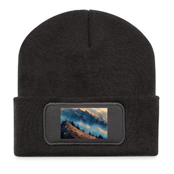 Berglandschaft Illustration Poster - Recycelte Patch Beanie - Dunkelgrau - Vorne