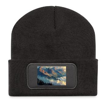 Berglandschaft Illustration Poster - Recycelte Patch Beanie - Dunkelgrau - Vorne