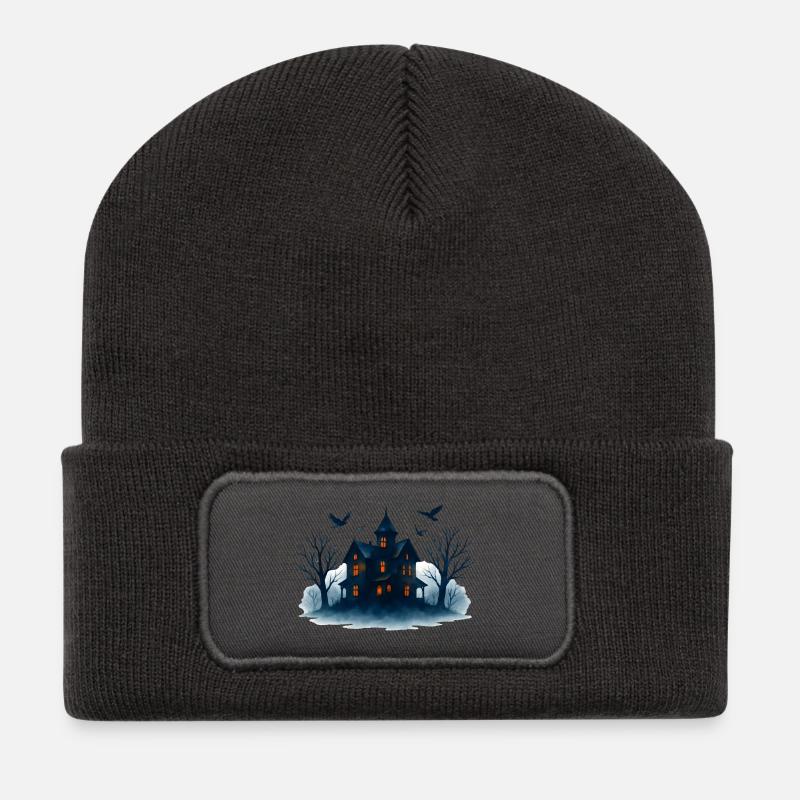 Blue Haunted House in the Moonlight - Recycled Patch Beanie - dark grey