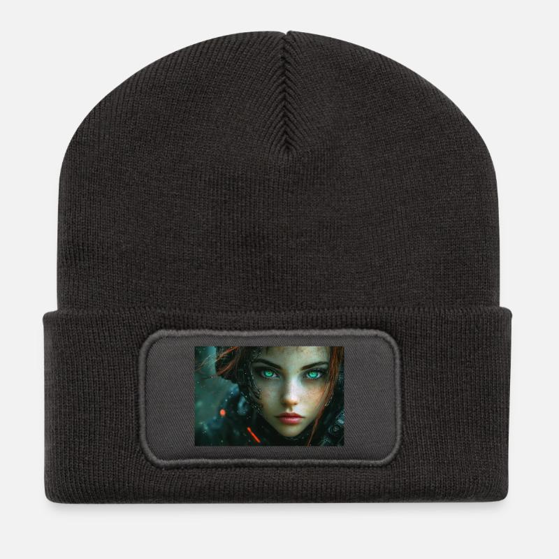 Cyberaugen im Neonlicht - Recycelte Patch Beanie - Dunkelgrau
