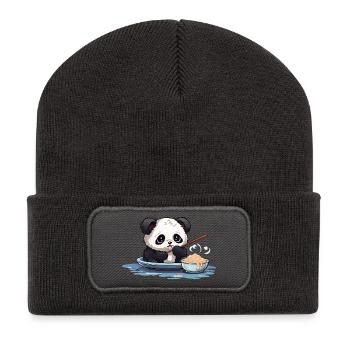 Kawaii Panda in a Noodle Bowl - Recycled Patch Beanie - dark grey - Front