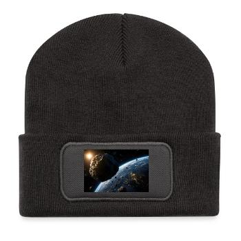 Cinematic Asteroid Approaching Planet Earth - Recycled Patch Beanie - dark grey - Front