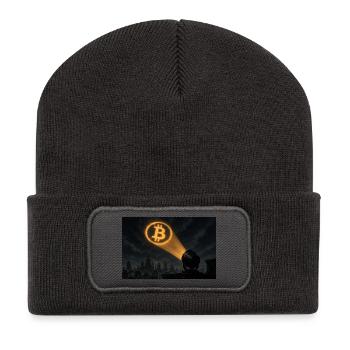 Bitcoin Scheinwerfer über der Stadt - Recycelte Patch Beanie - Dunkelgrau - Vorne