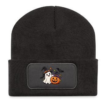  Halloweenfreude Geist und Kürbis - Recycelte Patch Beanie - Dunkelgrau - Vorne